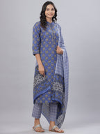 Juniper Women's Royal Blue Cotton Printed Straight Kurta Pant Dupatta Set | Grocsy