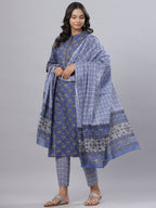 Juniper Women's Royal Blue Cotton Printed Straight Kurta Pant Dupatta Set | Grocsy