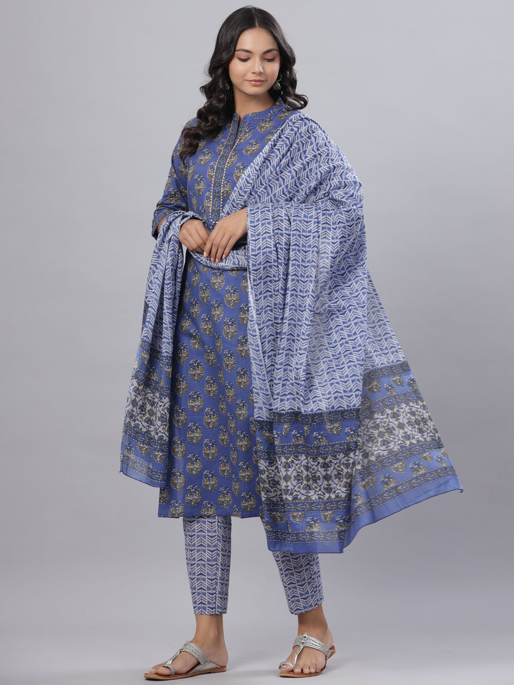 Juniper Women's Royal Blue Cotton Printed Straight Kurta Pant Dupatta Set | Grocsy