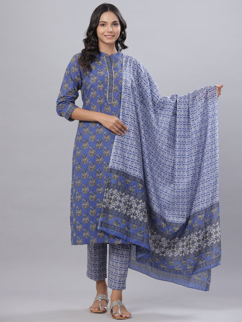Juniper Women's Royal Blue Cotton Printed Straight Kurta Pant Dupatta Set | Grocsy