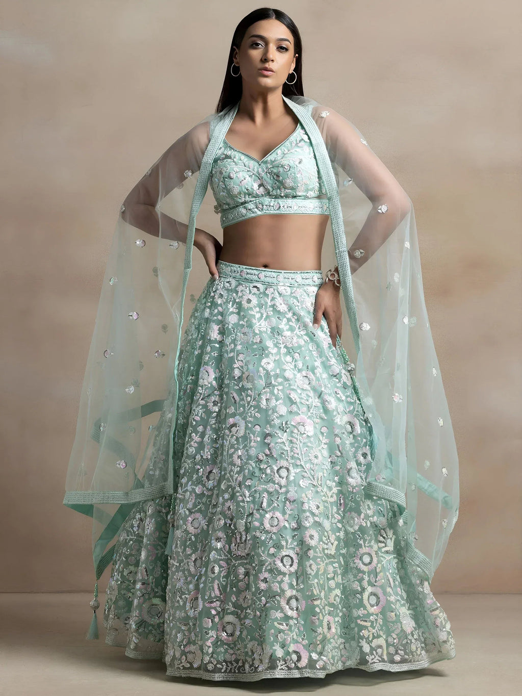 Tulsi Art Attractive Blue Sequins Net Designer Lehenga Choli With Dupatta | Grocsy