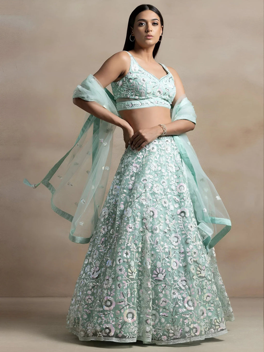 Tulsi Art Attractive Blue Sequins Net Designer Lehenga Choli With Dupatta | Grocsy
