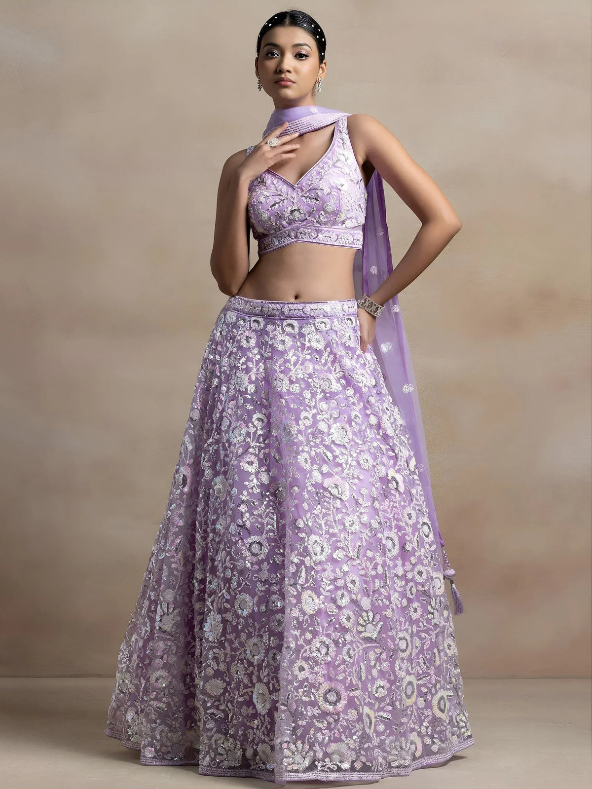 Tulsi Art Adorable Lavender Sequins Net Bridesmaid Lehenga Choli With Dupatta | Grocsy