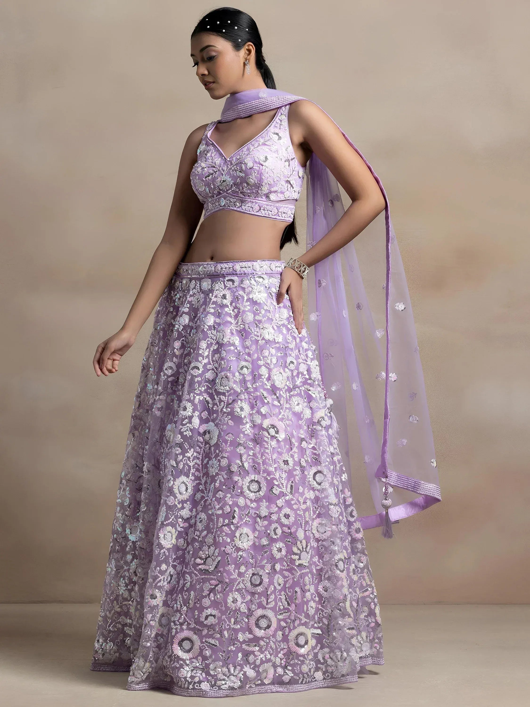 Tulsi Art Adorable Lavender Sequins Net Bridesmaid Lehenga Choli With Dupatta | Grocsy