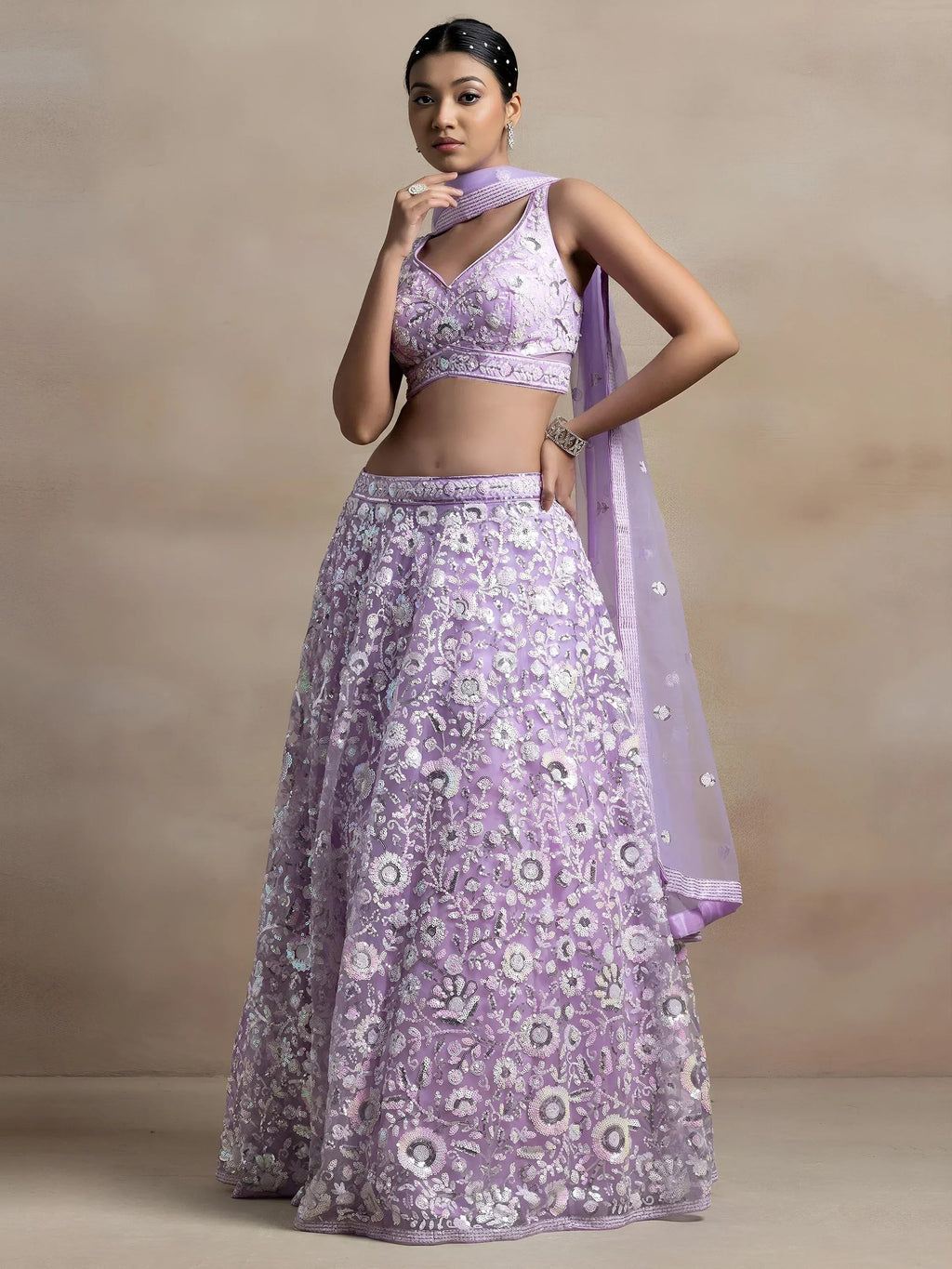 Tulsi Art Adorable Lavender Sequins Net Bridesmaid Lehenga Choli With Dupatta | Grocsy