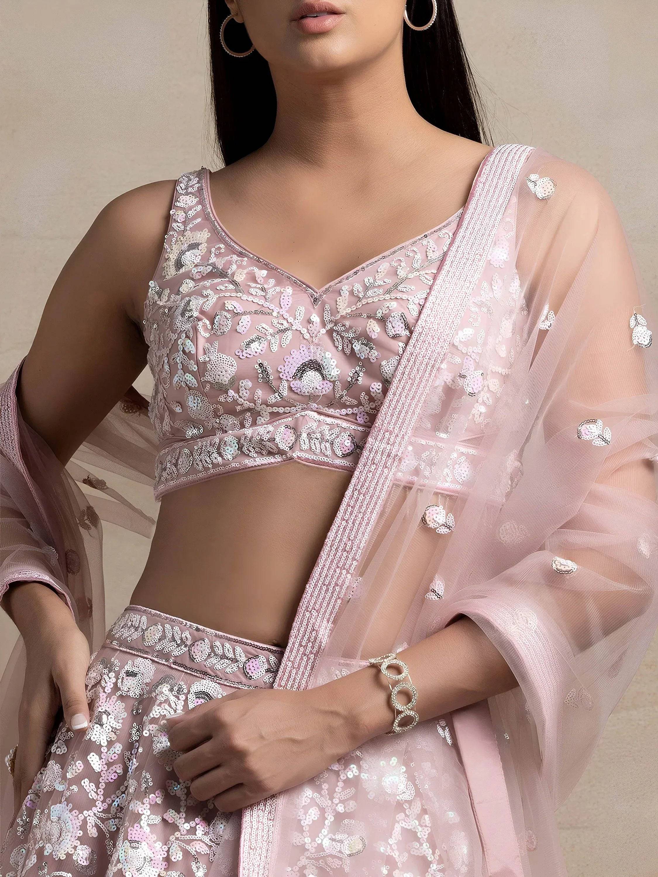 Tulsi Art Precious Pink Sequins Net Engagement Wear Lehenga Choli With Dupatta | Grocsy