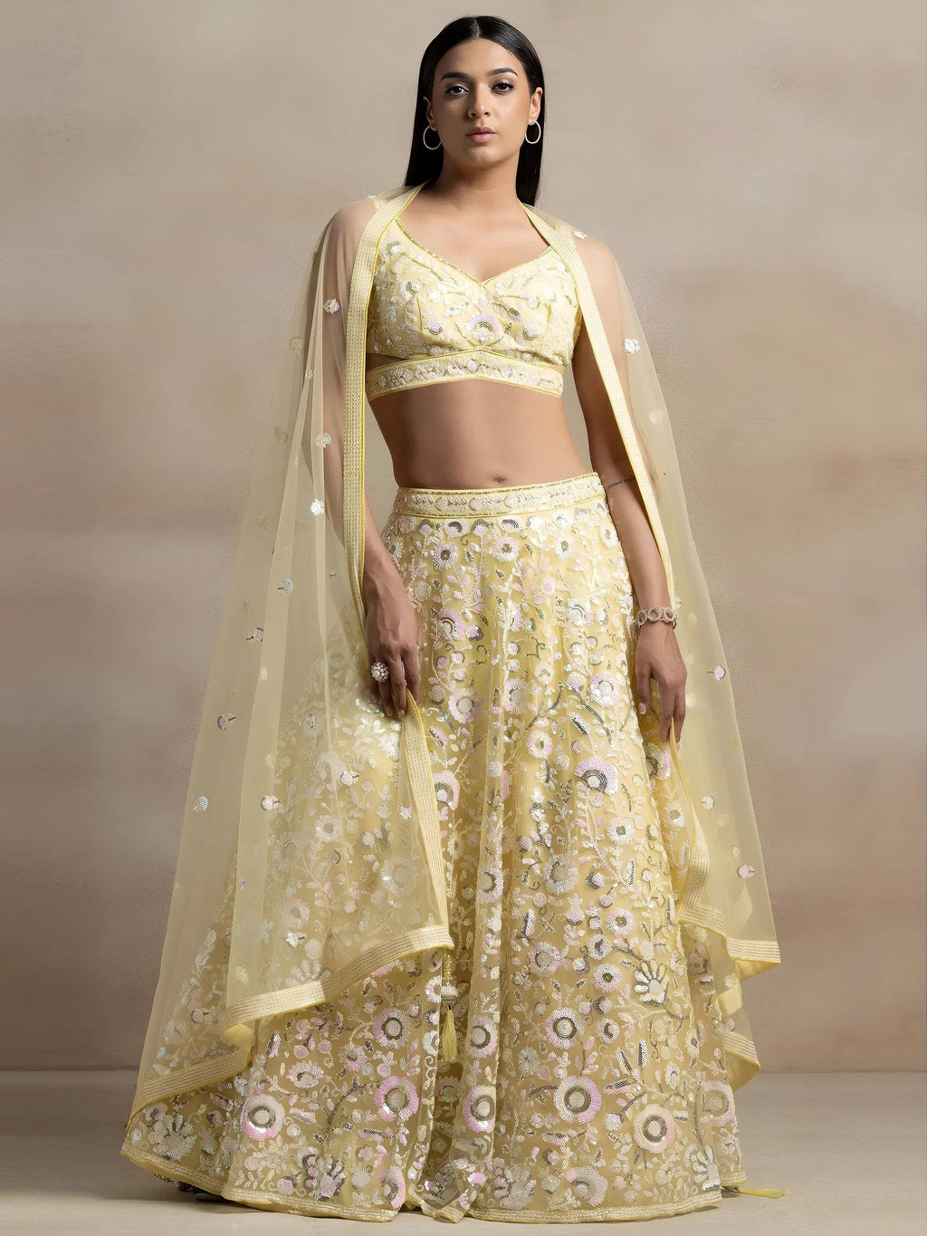 Tulsi Art Beautiful Yellow Sequins Net Party Wear Lehenga Choli With Dupatta | Grocsy