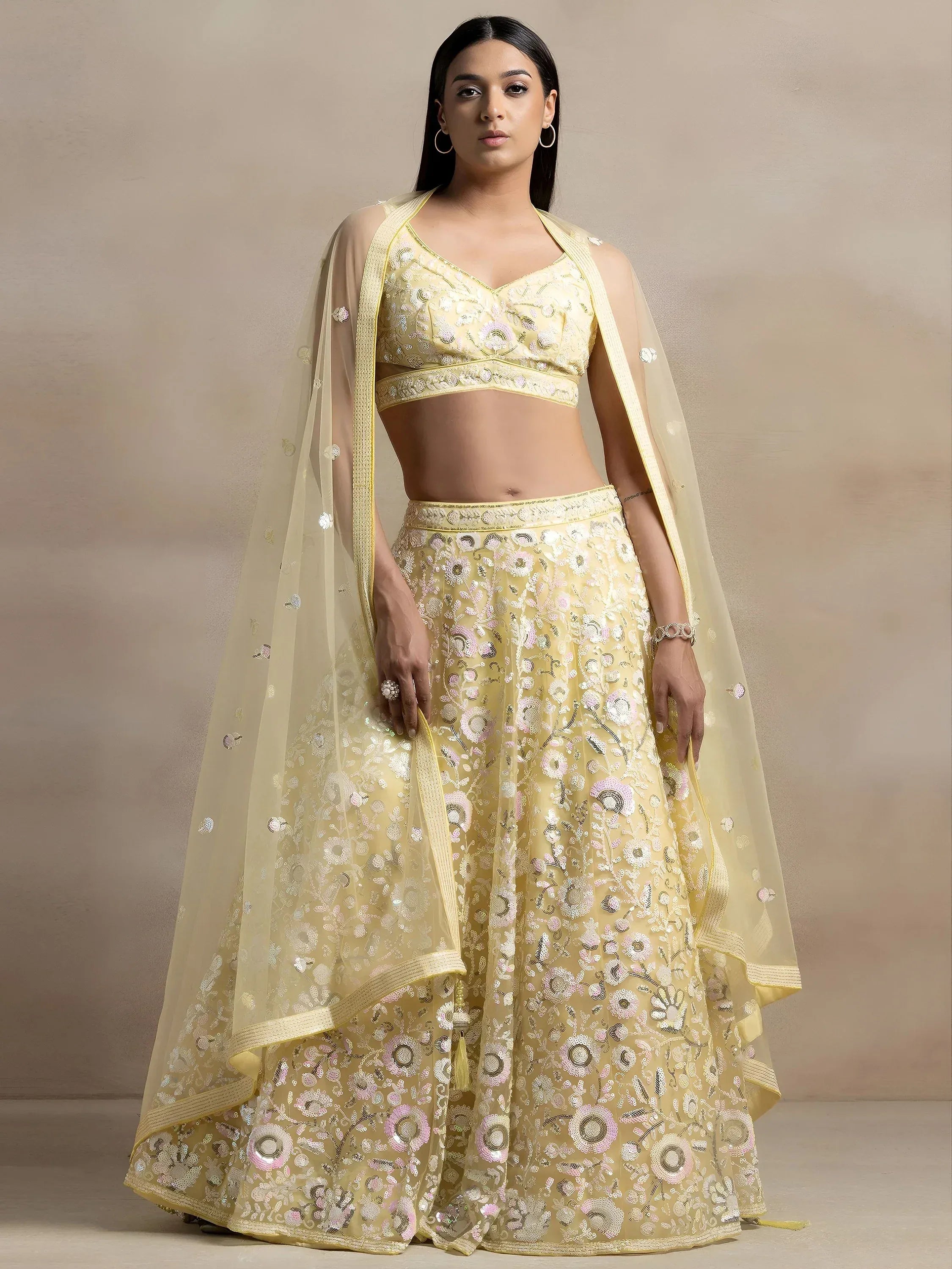 Tulsi Art Beautiful Yellow Sequins Net Party Wear Lehenga Choli With Dupatta | Grocsy