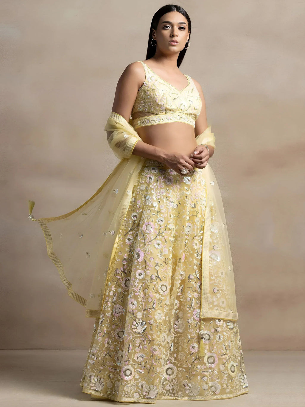 Tulsi Art Beautiful Yellow Sequins Net Party Wear Lehenga Choli With Dupatta | Grocsy