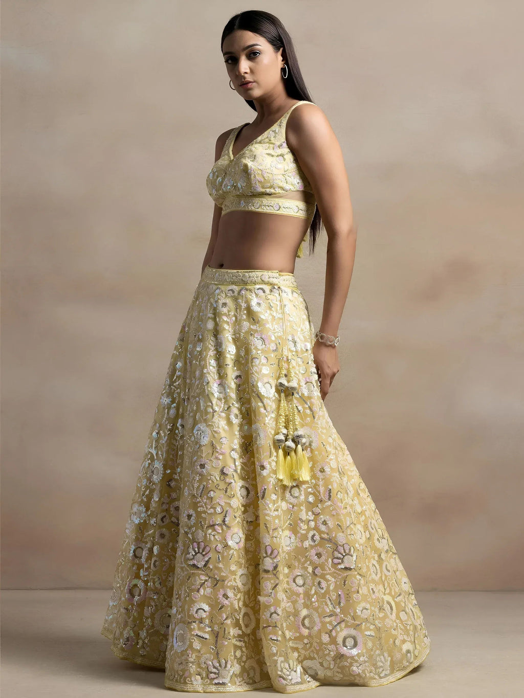 Tulsi Art Beautiful Yellow Sequins Net Party Wear Lehenga Choli With Dupatta | Grocsy