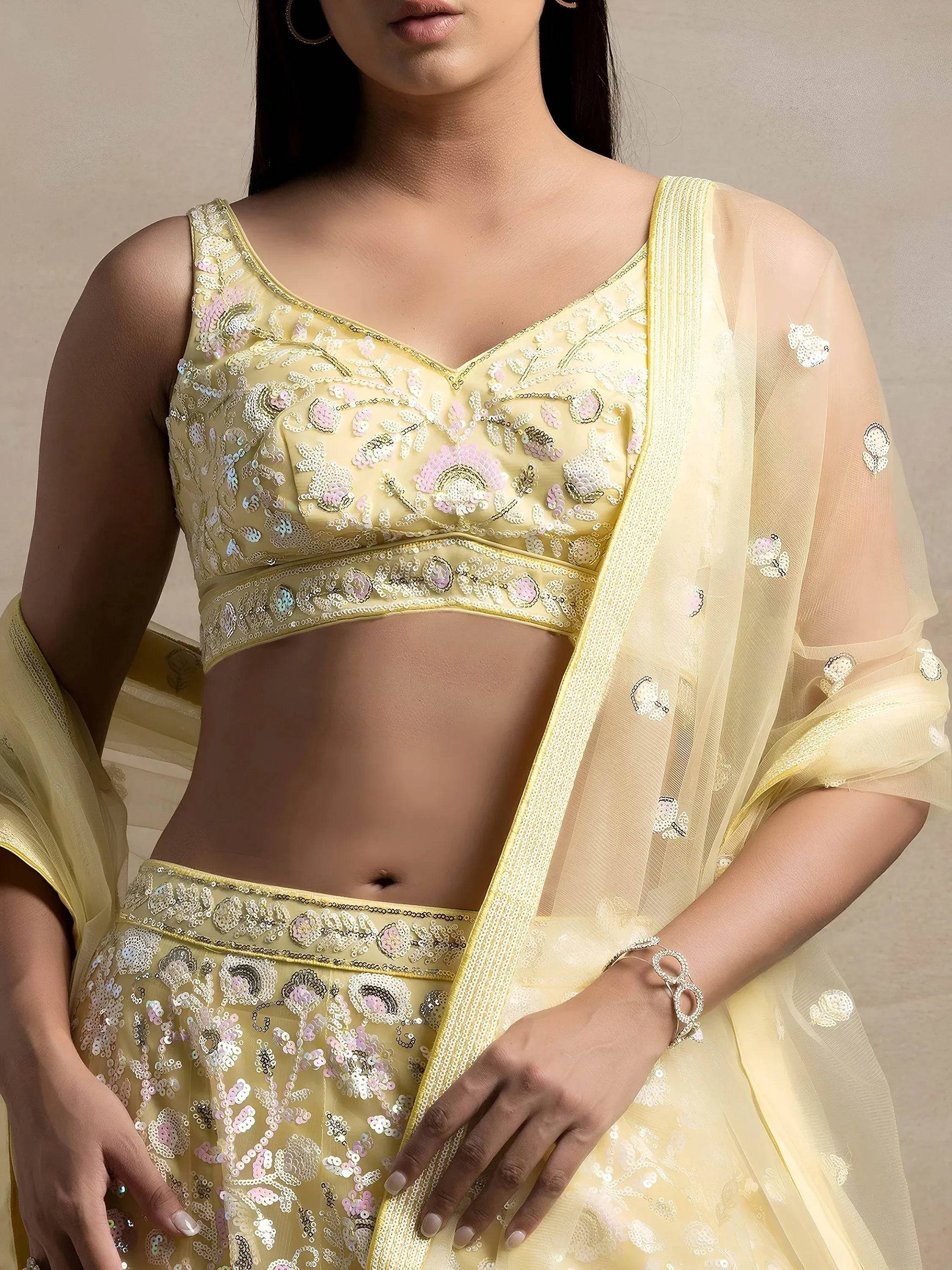 Tulsi Art Beautiful Yellow Sequins Net Party Wear Lehenga Choli With Dupatta | Grocsy