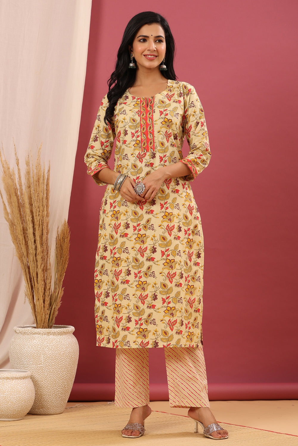 Juniper Women's Beige Cotton Printed Straight Kurta Pant Dupatta Set | Grocsy