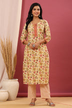 Juniper Women's Beige Cotton Printed Straight Kurta Pant Dupatta Set | Grocsy