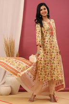 Juniper Women's Beige Cotton Printed Straight Kurta Pant Dupatta Set | Grocsy
