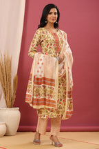 Juniper Women's Beige Cotton Printed Straight Kurta Pant Dupatta Set | Grocsy