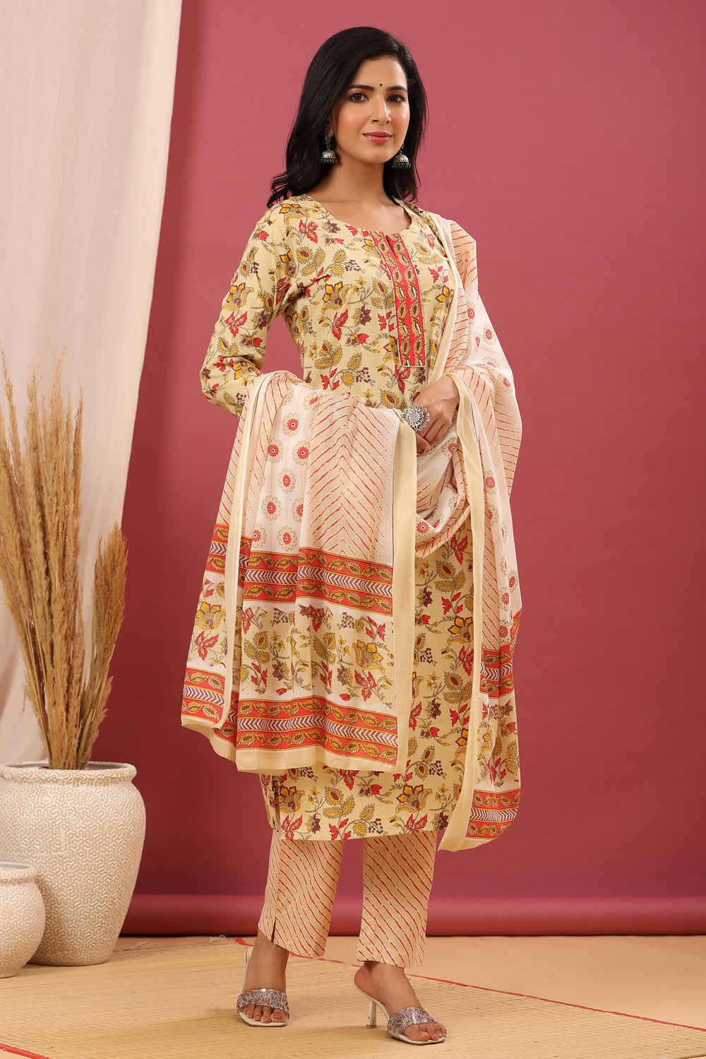 Juniper Women's Beige Cotton Printed Straight Kurta Pant Dupatta Set | Grocsy