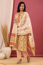 Juniper Women's Beige Cotton Printed Straight Kurta Pant Dupatta Set | Grocsy