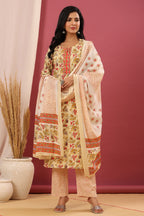 Juniper Women's Beige Cotton Printed Straight Kurta Pant Dupatta Set | Grocsy