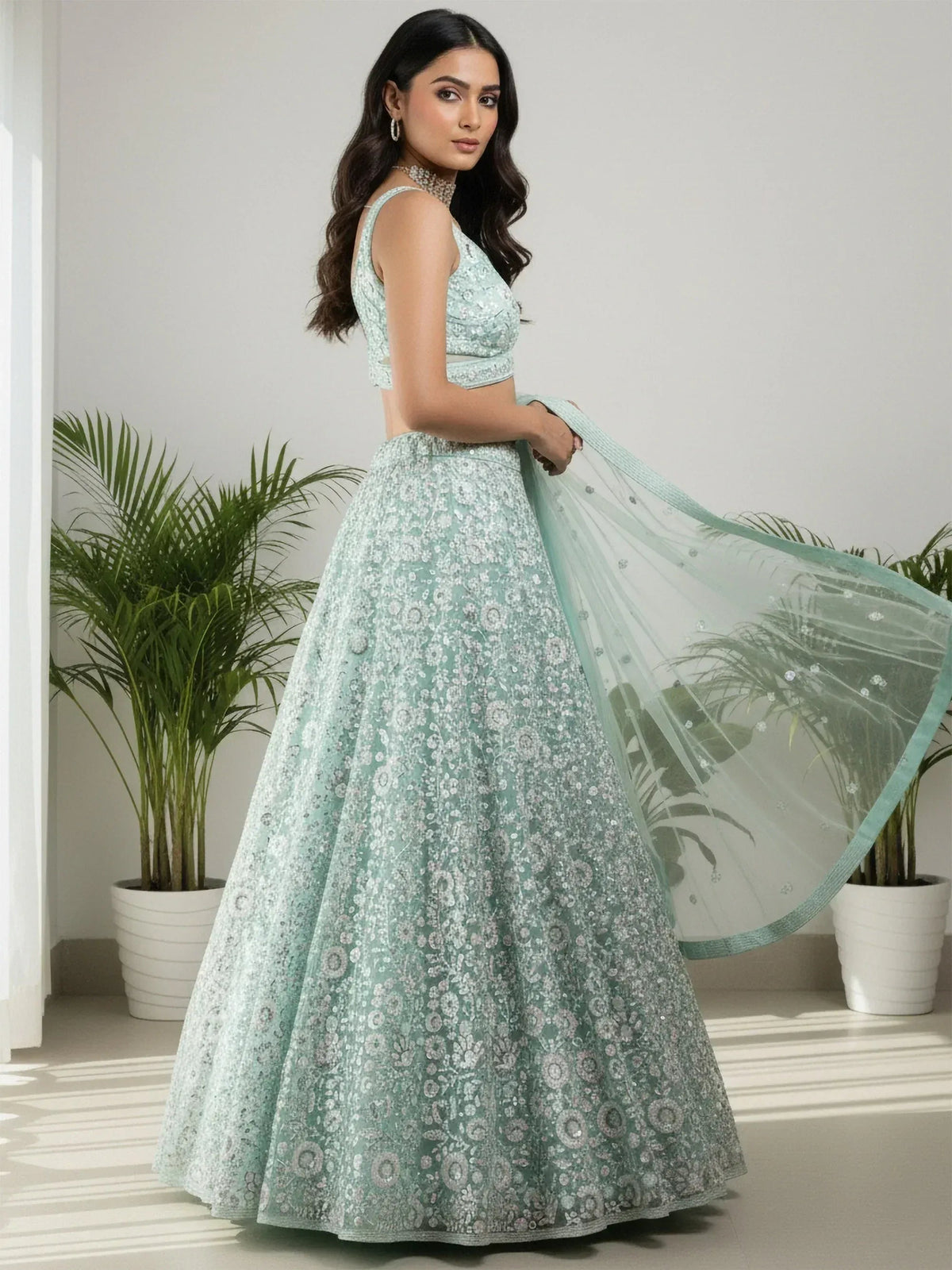 Tulsi Art Sparkling Green Sequins Embroidered Net Reception Wear Lehenga Choli | Grocsy
