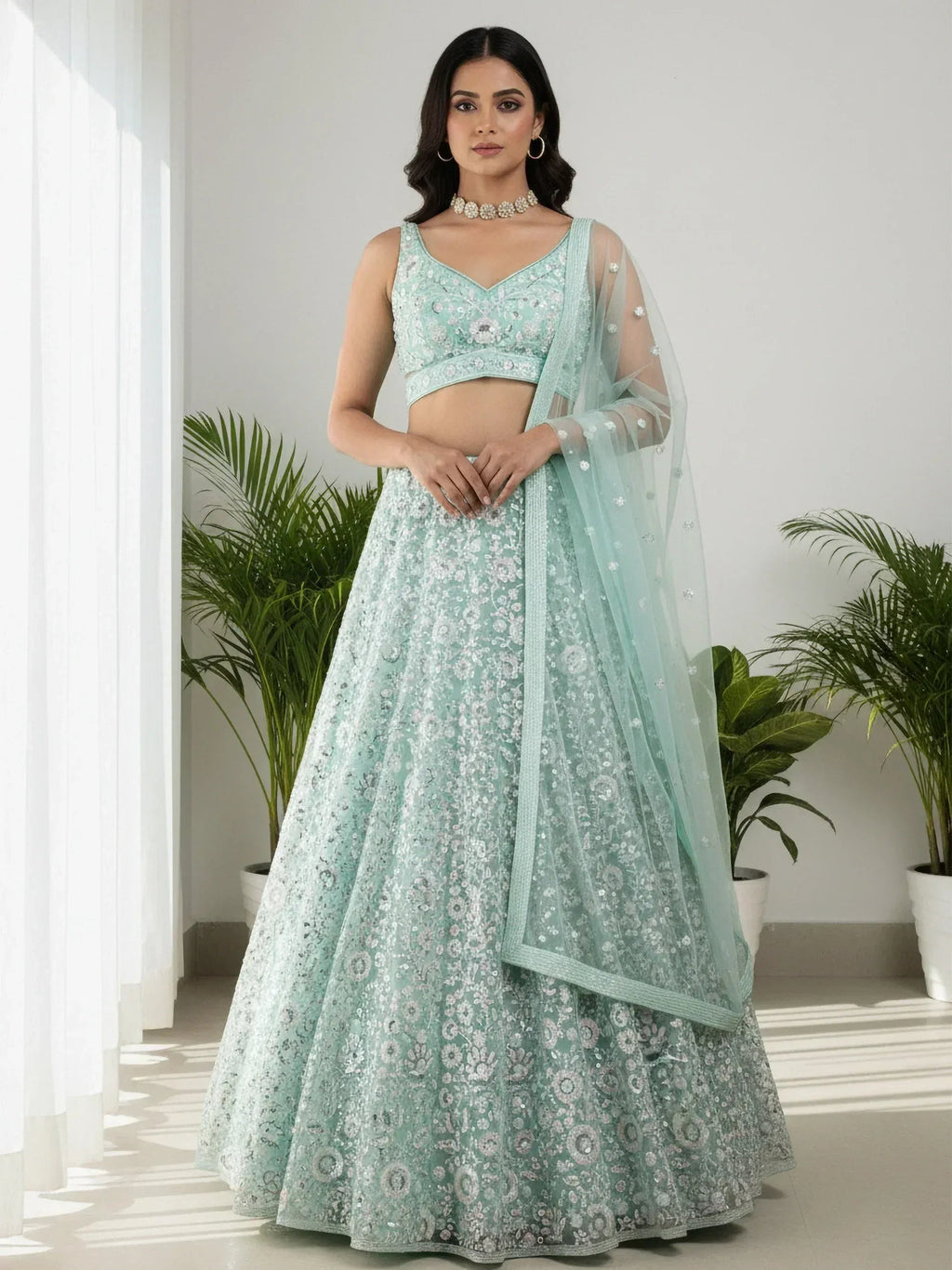 Tulsi Art Sparkling Green Sequins Embroidered Net Reception Wear Lehenga Choli | Grocsy