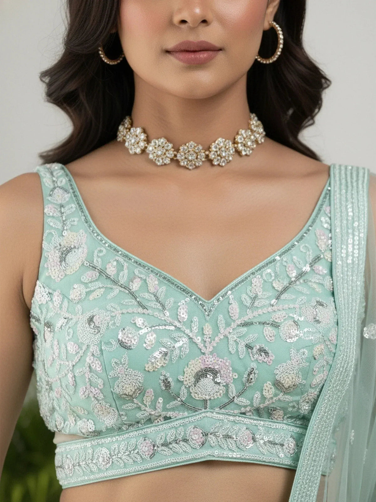 Tulsi Art Sparkling Green Sequins Embroidered Net Reception Wear Lehenga Choli | Grocsy