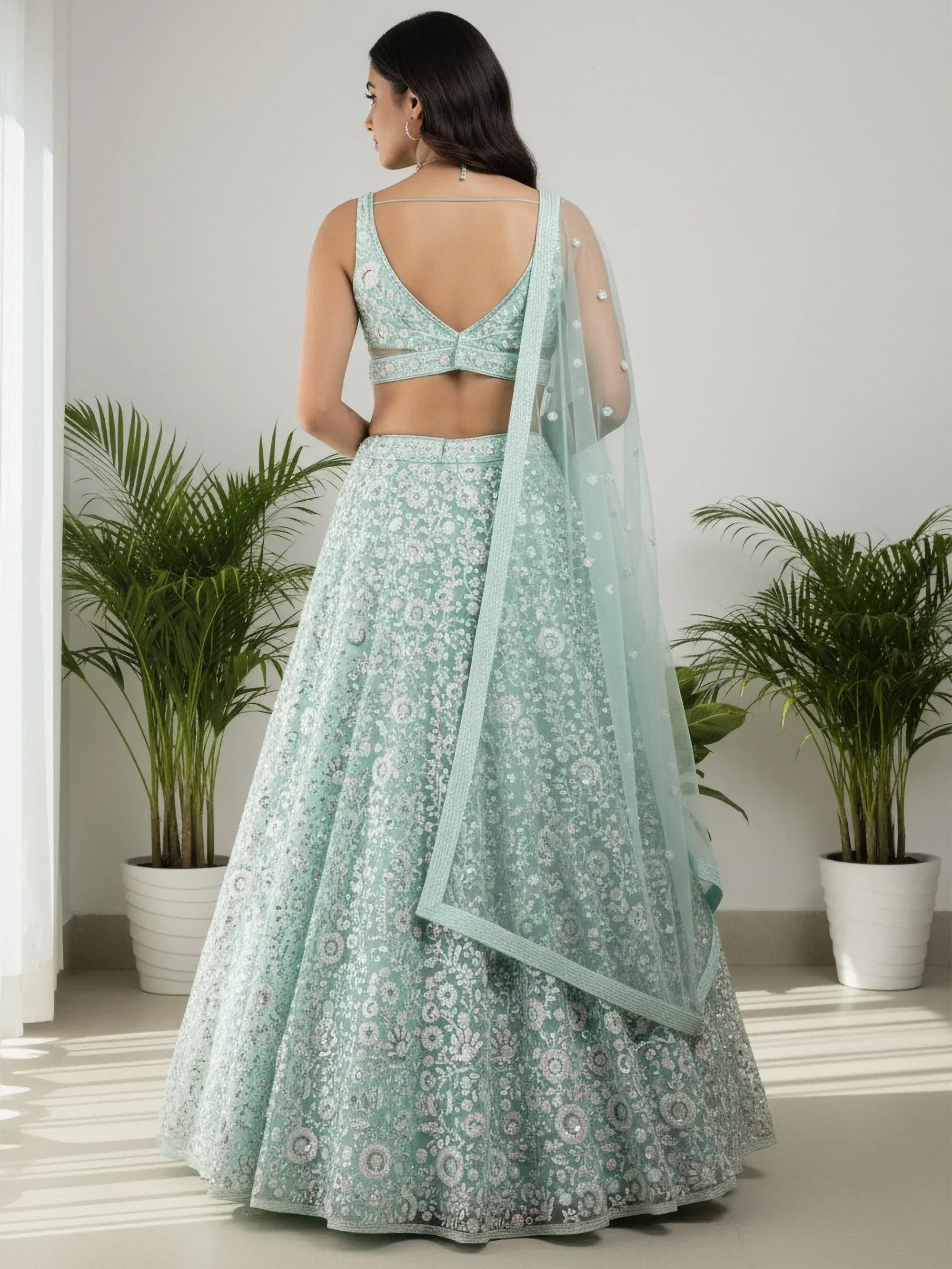 Tulsi Art Sparkling Green Sequins Embroidered Net Reception Wear Lehenga Choli | Grocsy