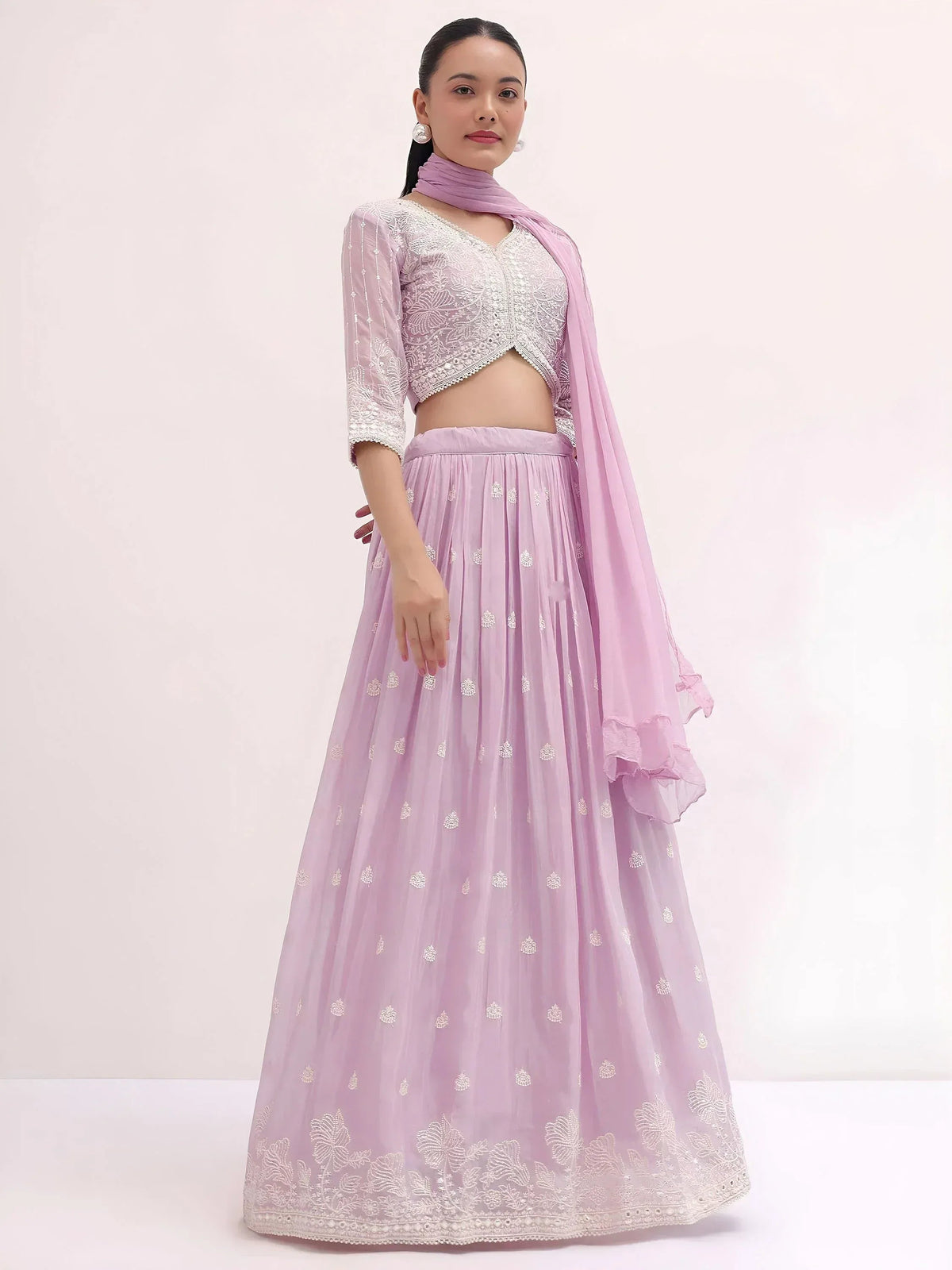 Tulsi Art Attractive Pink Thread Embroidered Georgette Event Wear Lehenga Choli | Grocsy