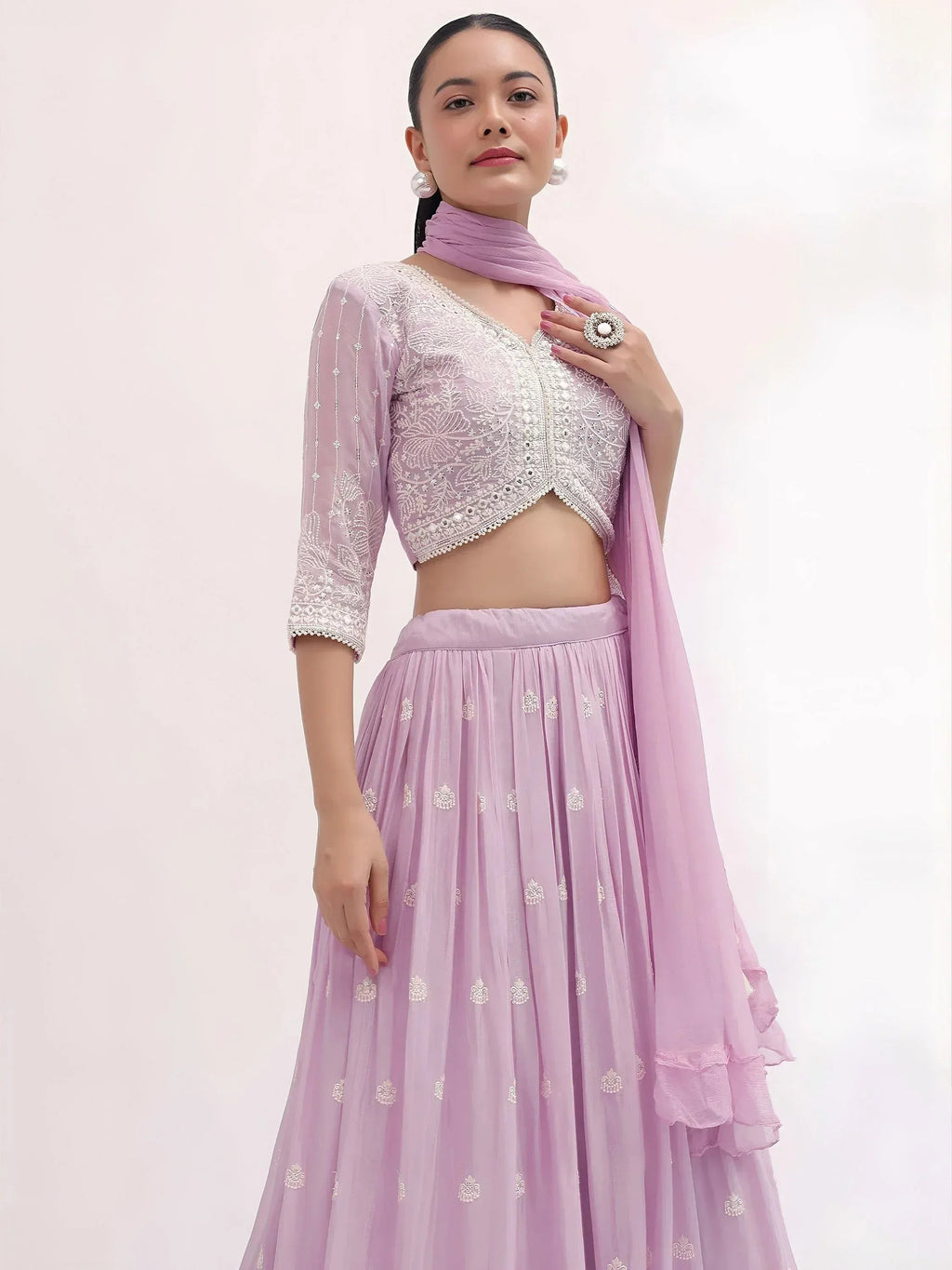 Tulsi Art Attractive Pink Thread Embroidered Georgette Event Wear Lehenga Choli | Grocsy