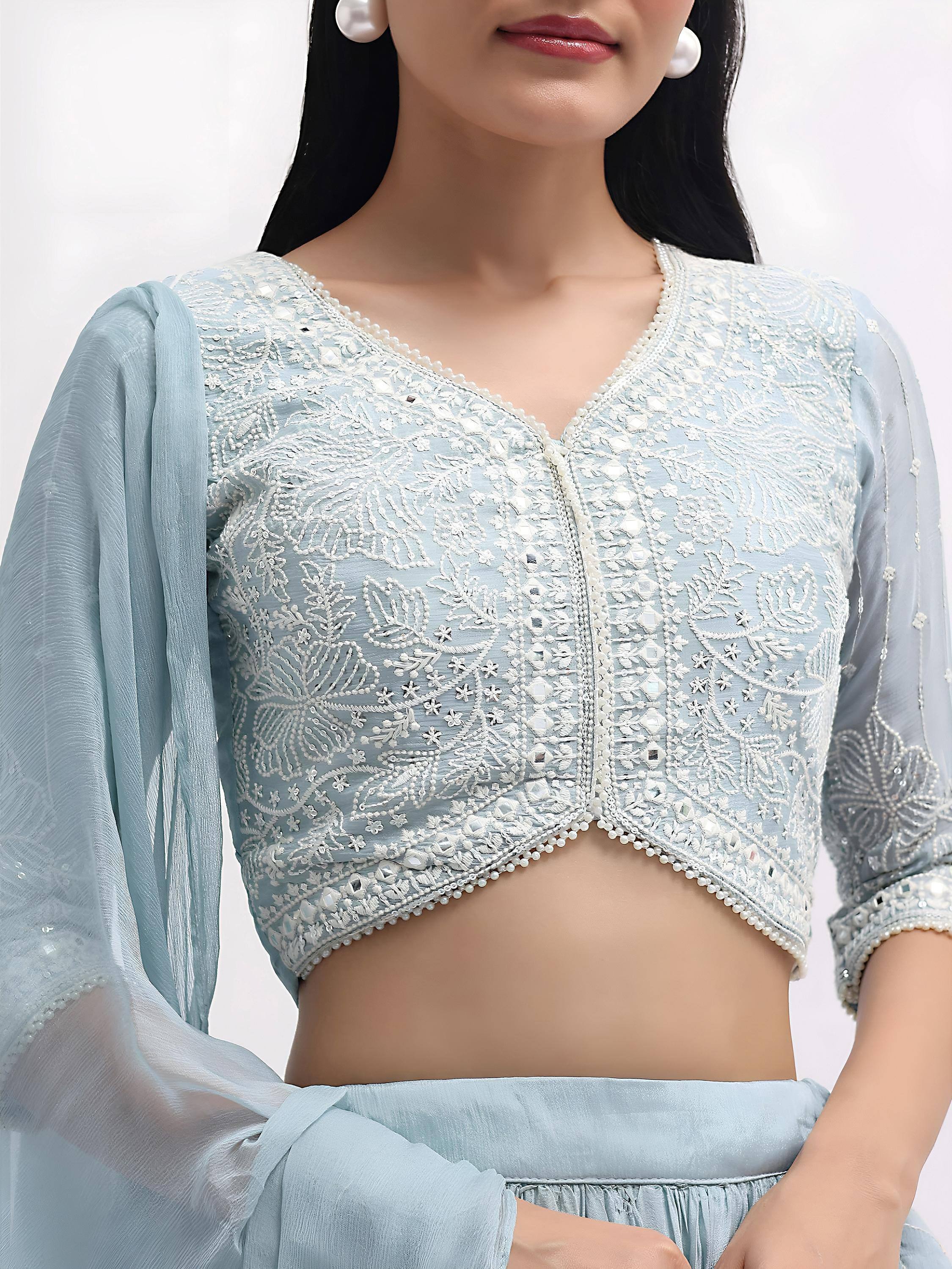 Tulsi Art Adorable Blue Thread Embroidered Georgette Party Wear Lehenga Choli | Grocsy