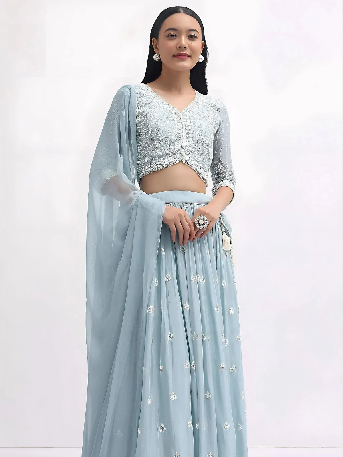 Tulsi Art Adorable Blue Thread Embroidered Georgette Party Wear Lehenga Choli | Grocsy