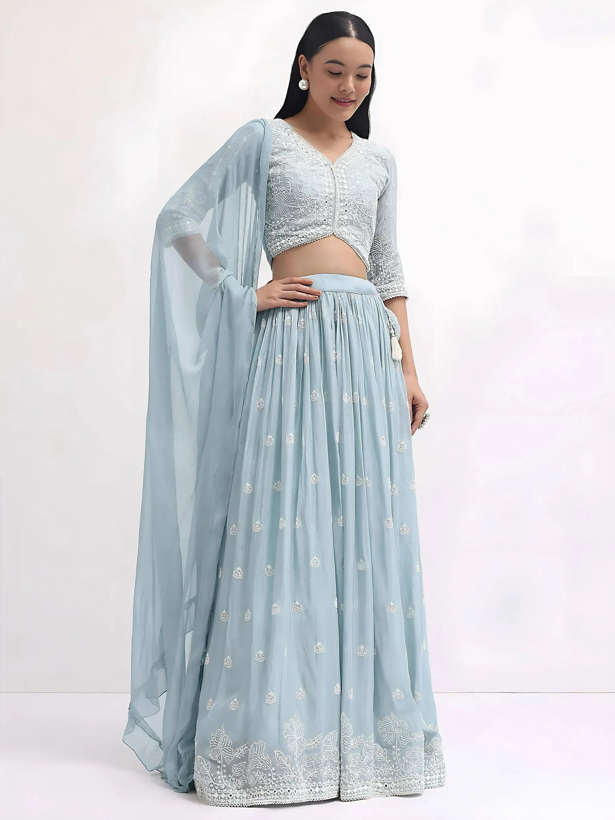 Tulsi Art Adorable Blue Thread Embroidered Georgette Party Wear Lehenga Choli | Grocsy