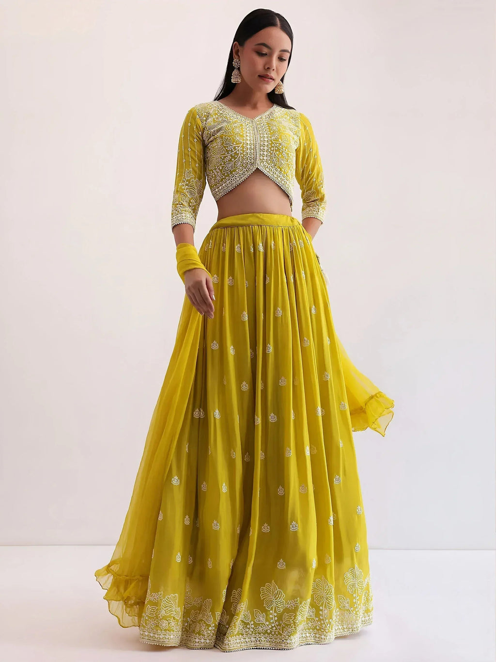 Tulsi Art Lovely Yellow Thread Embroidered Georgette Haldi Wear Lehenga Choli | Grocsy