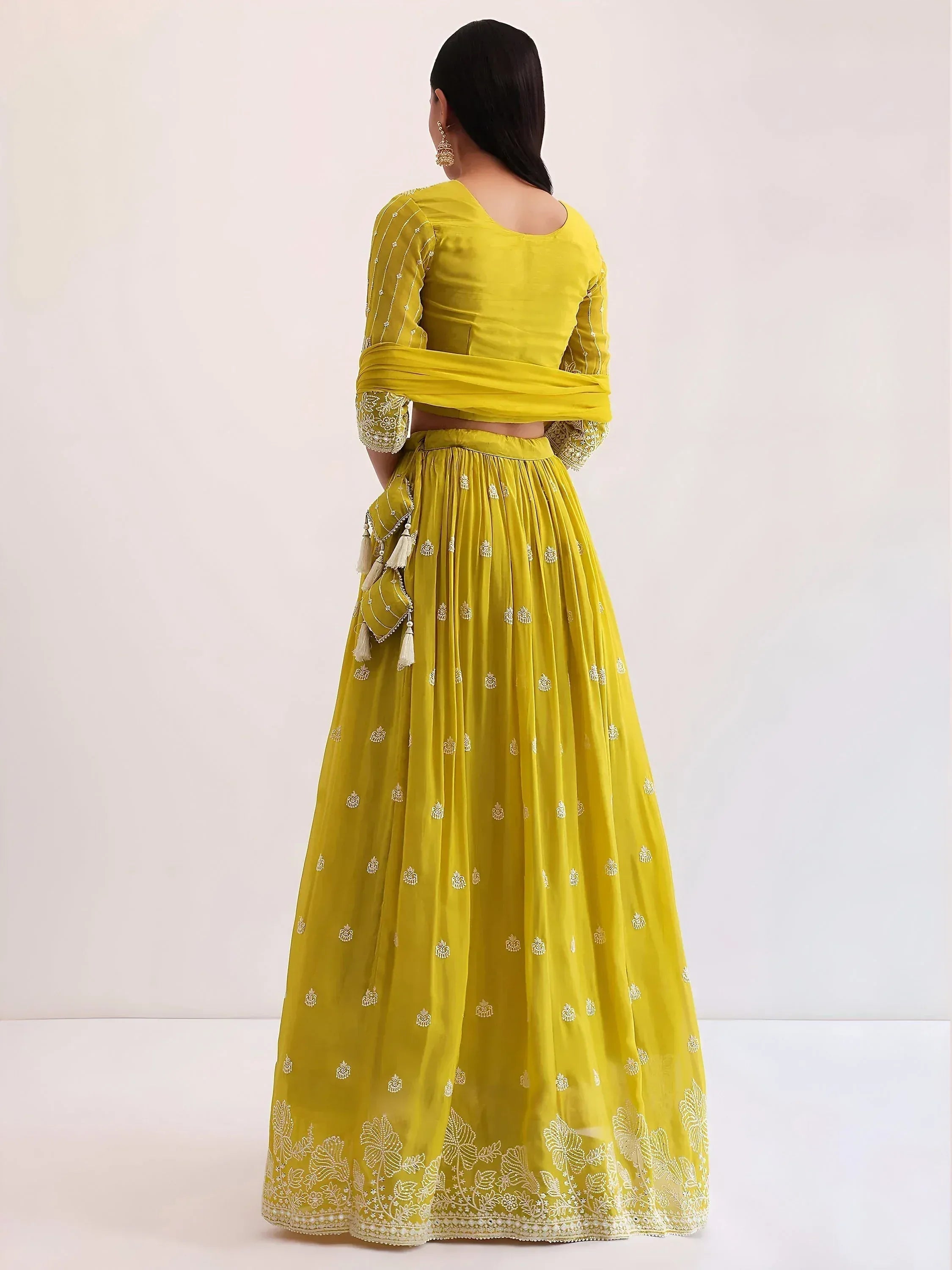 Tulsi Art Lovely Yellow Thread Embroidered Georgette Haldi Wear Lehenga Choli | Grocsy