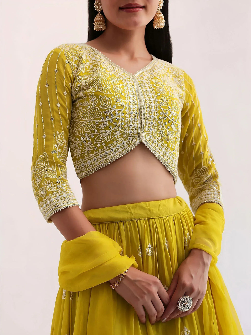 Tulsi Art Lovely Yellow Thread Embroidered Georgette Haldi Wear Lehenga Choli | Grocsy