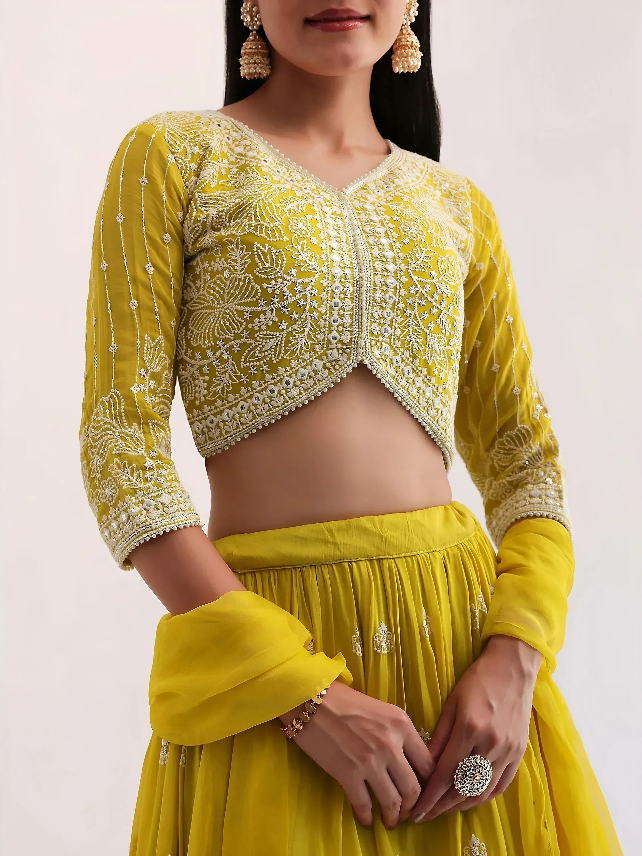 Tulsi Art Lovely Yellow Thread Embroidered Georgette Haldi Wear Lehenga Choli | Grocsy