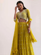 Tulsi Art Lovely Yellow Thread Embroidered Georgette Haldi Wear Lehenga Choli | Grocsy