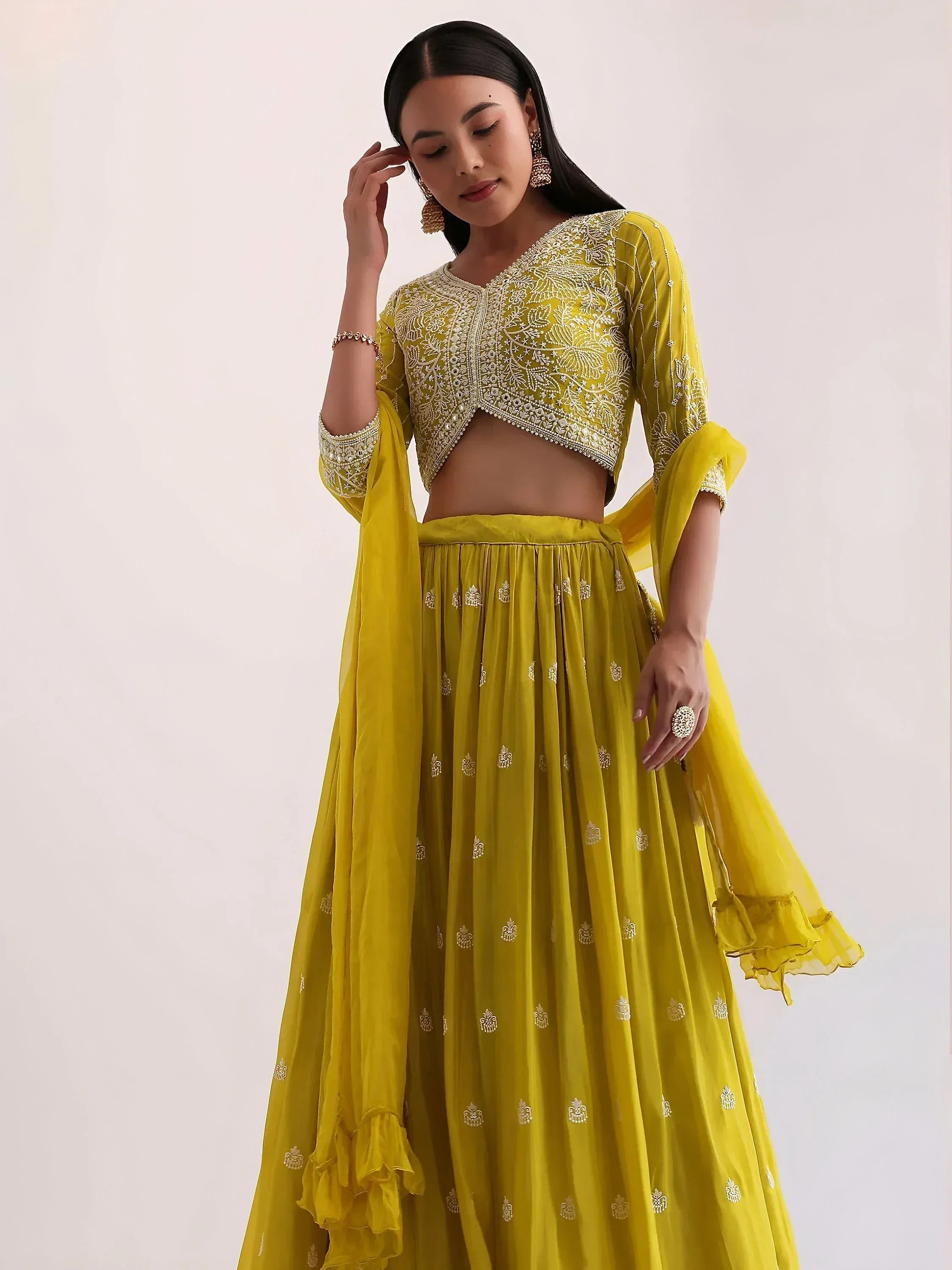 Tulsi Art Lovely Yellow Thread Embroidered Georgette Haldi Wear Lehenga Choli | Grocsy