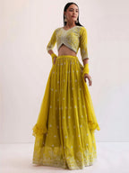 Tulsi Art Lovely Yellow Thread Embroidered Georgette Haldi Wear Lehenga Choli | Grocsy