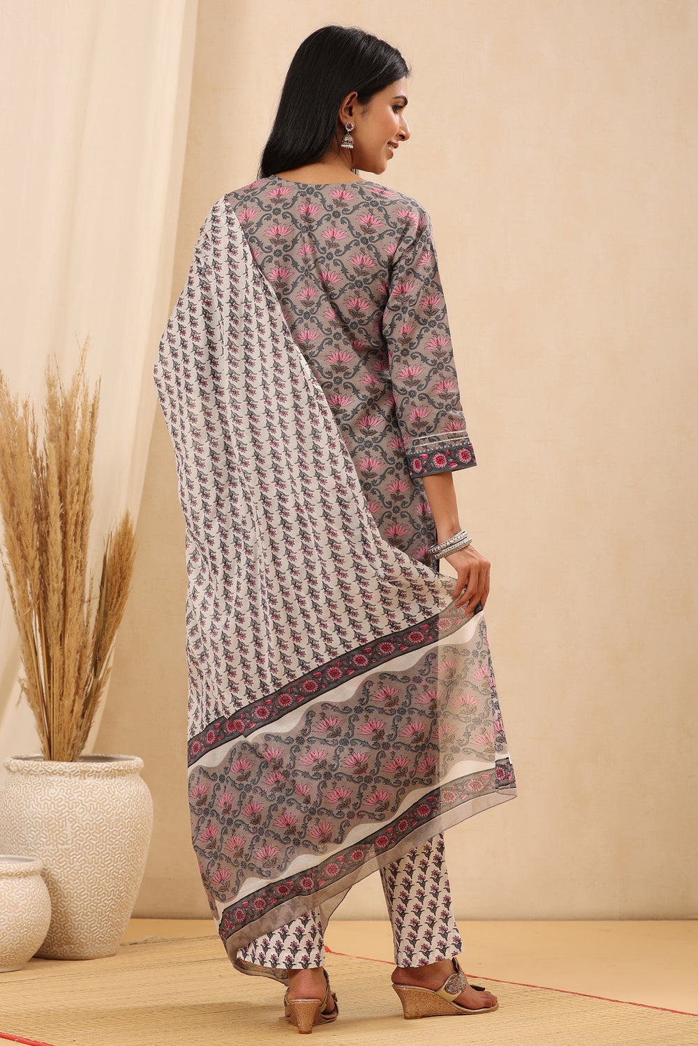 Juniper Women's Grey Cotton Printed Straight Kurta Pant Dupatta Set | Grocsy