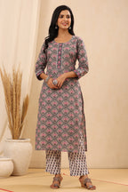 Juniper Women's Grey Cotton Printed Straight Kurta Pant Dupatta Set | Grocsy