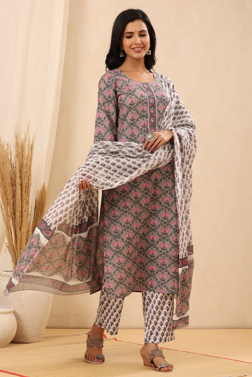 Juniper Women's Grey Cotton Printed Straight Kurta Pant Dupatta Set | Grocsy