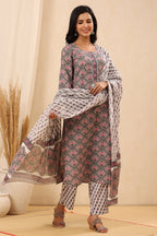 Juniper Women's Grey Cotton Printed Straight Kurta Pant Dupatta Set | Grocsy