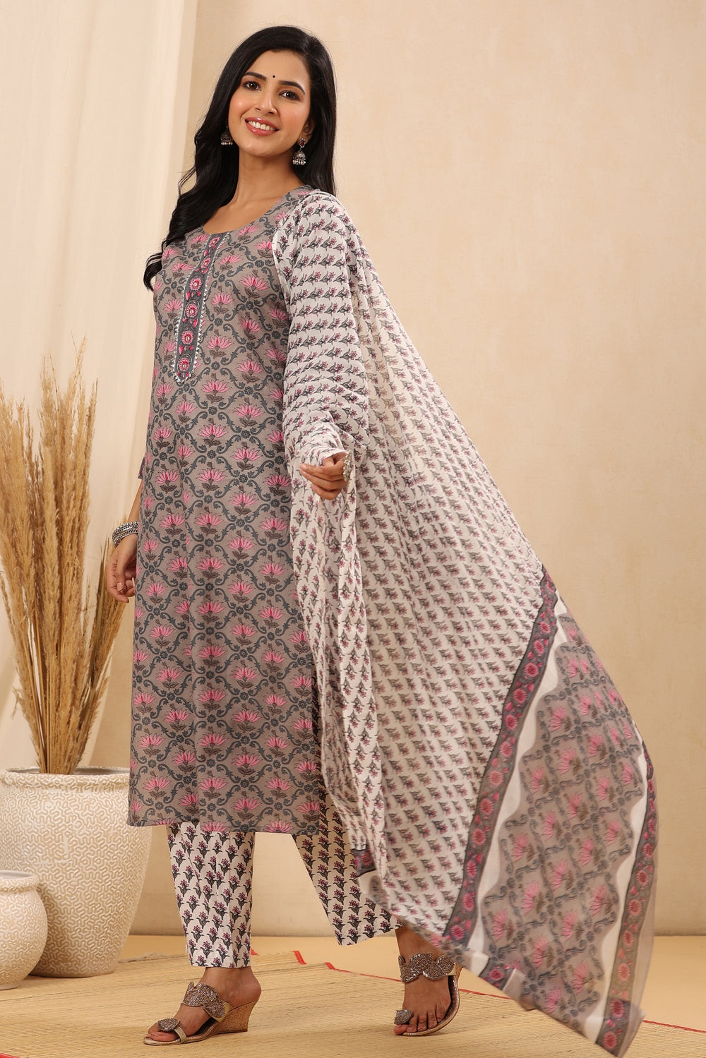 Juniper Women's Grey Cotton Printed Straight Kurta Pant Dupatta Set | Grocsy