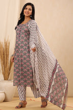Juniper Women's Grey Cotton Printed Straight Kurta Pant Dupatta Set | Grocsy