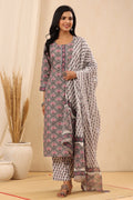 Juniper Women's Grey Cotton Printed Straight Kurta Pant Dupatta Set | Grocsy