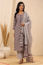 Juniper Women's Grey Cotton Printed Straight Kurta Pant Dupatta Set | Grocsy