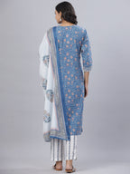 Juniper Women's Royal Blue Cotton Printed Straight Kurta Pant Dupatta Set | Grocsy