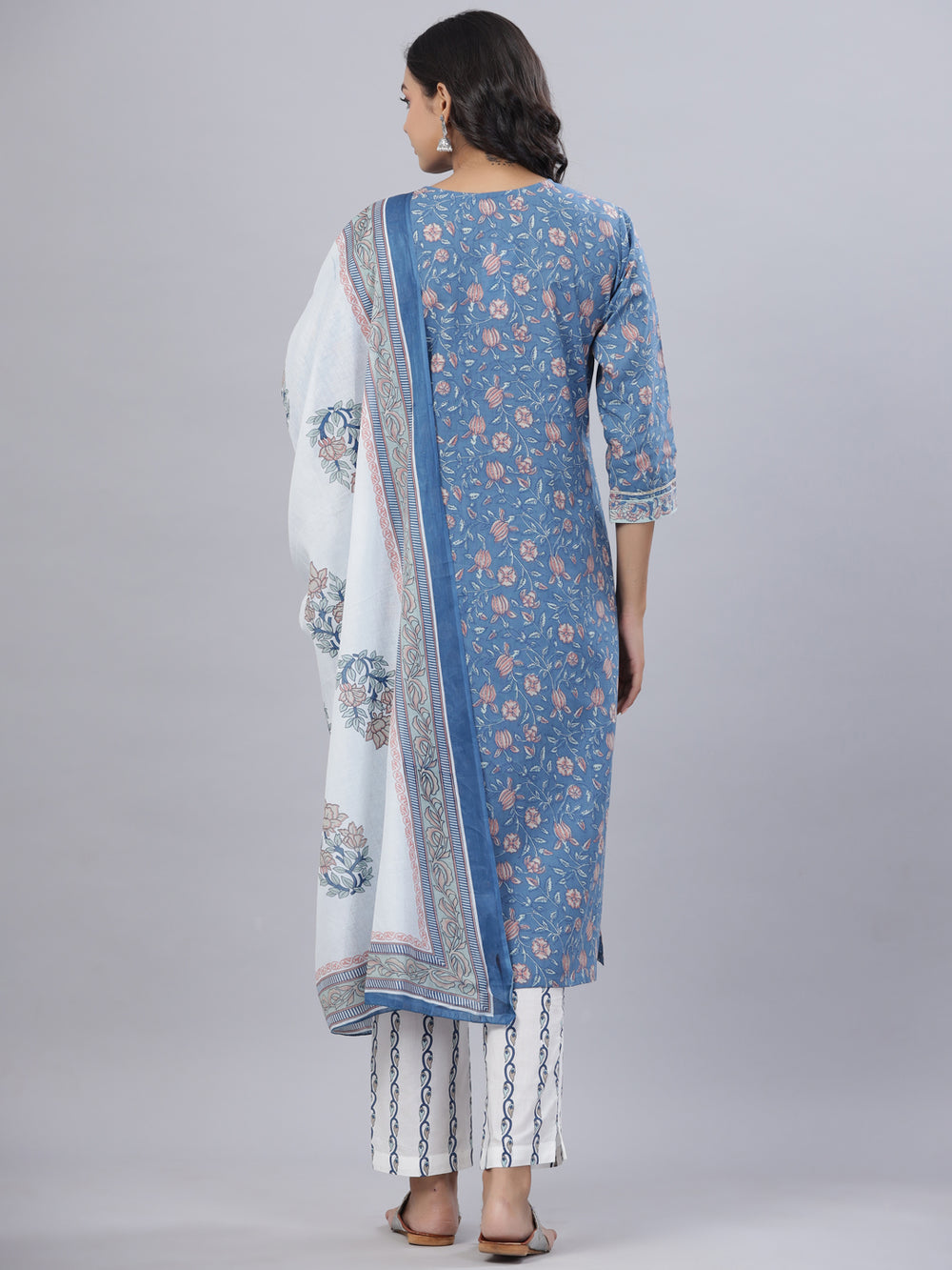 Juniper Women's Royal Blue Cotton Printed Straight Kurta Pant Dupatta Set | Grocsy