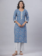 Juniper Women's Royal Blue Cotton Printed Straight Kurta Pant Dupatta Set | Grocsy