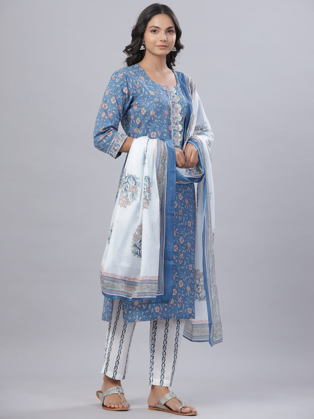 Juniper Women's Royal Blue Cotton Printed Straight Kurta Pant Dupatta Set | Grocsy